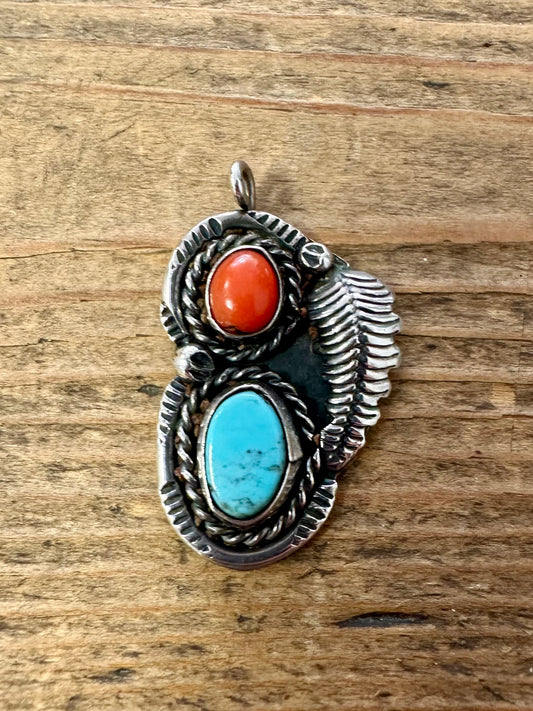 Vintage Navajo Coral and Turquoise 925 Sterling Silver Pendant