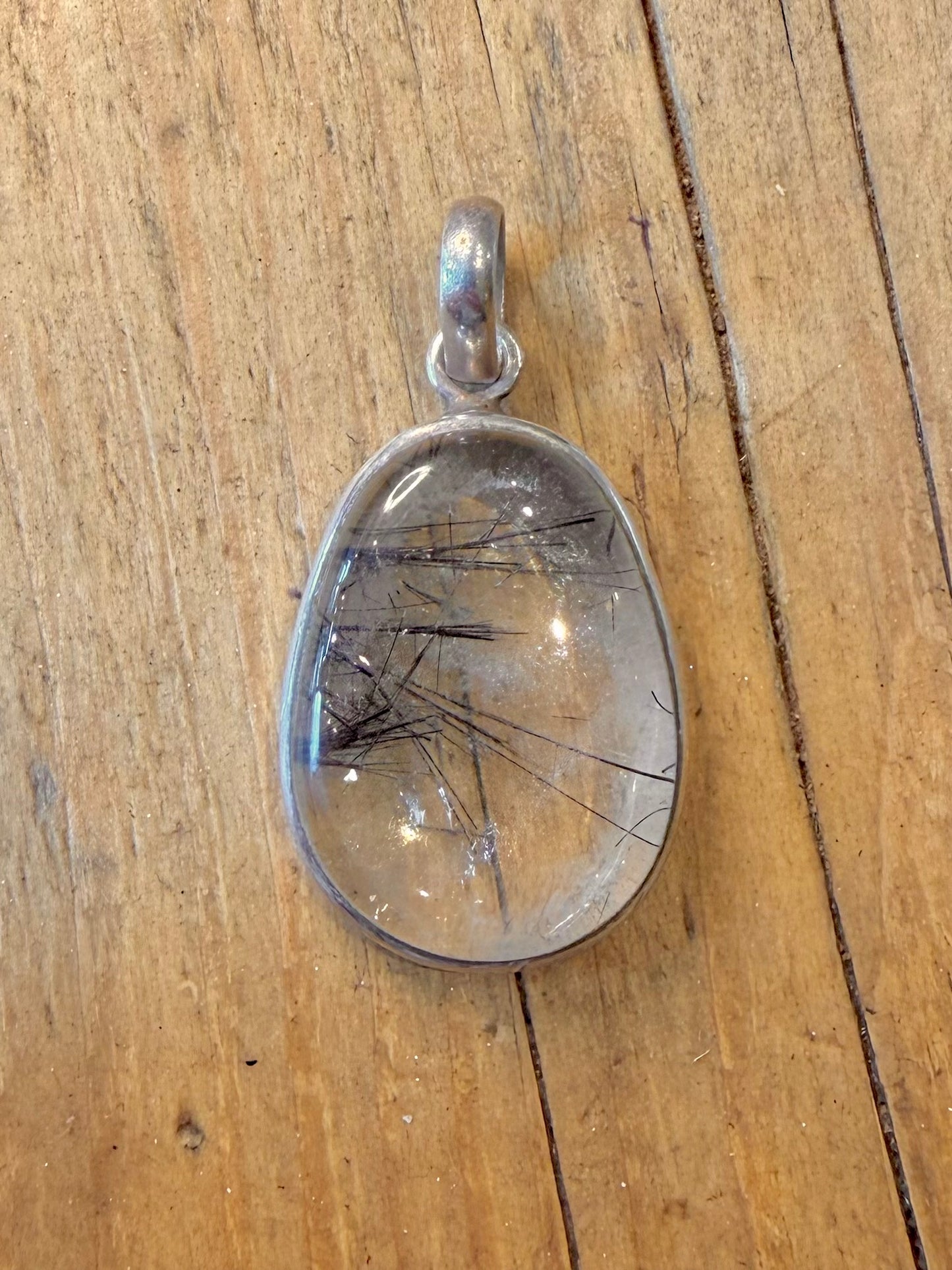 Black Clear Rutilated Quarts 925 Sterling Silver Pendant