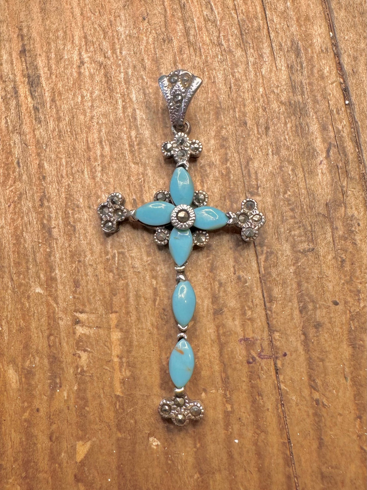 Turquoise Marcasite Cross 925 Sterling Silver Pendant