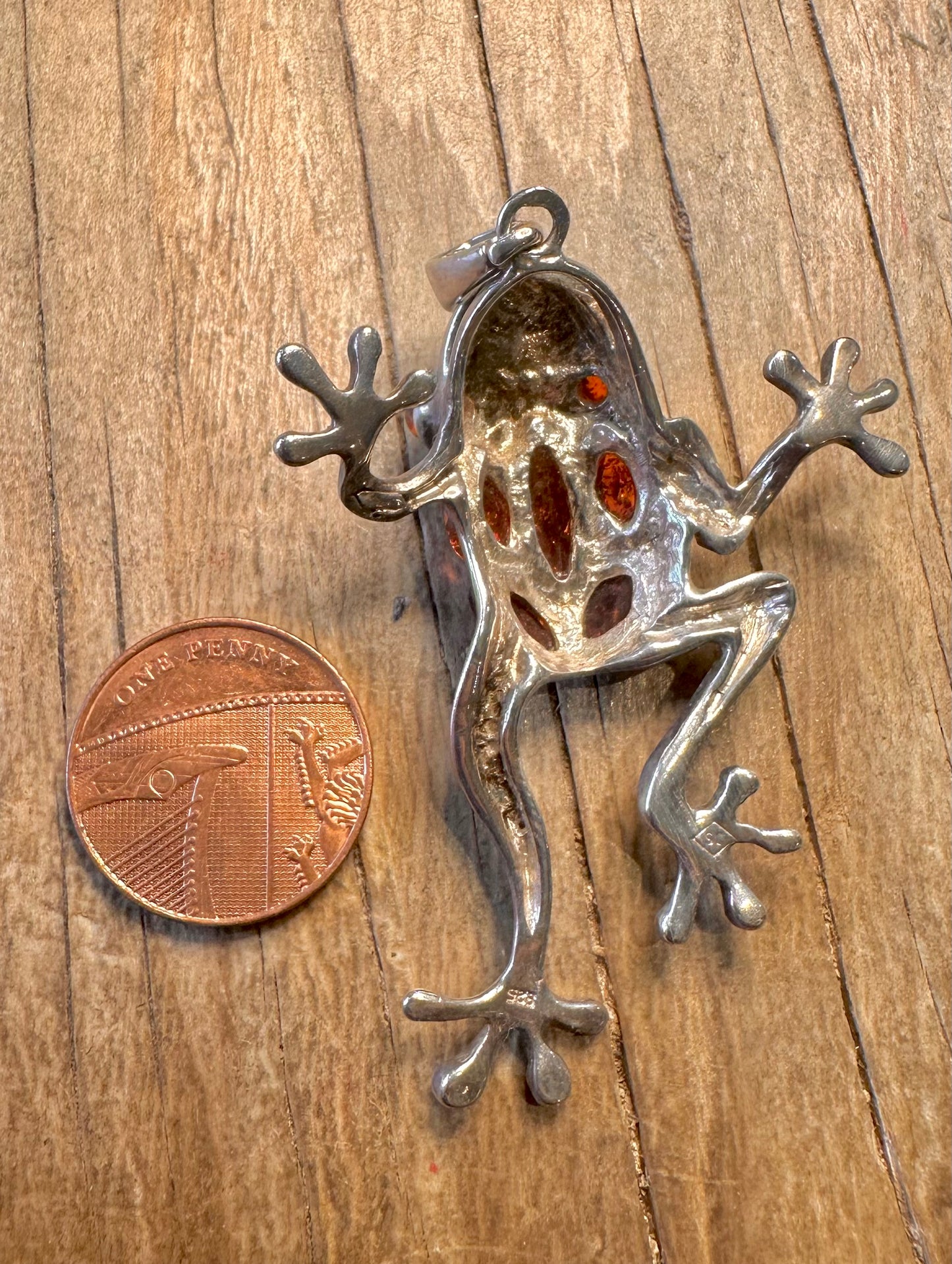 Modernist Amber Frog 925 Sterling Silver Pendant
