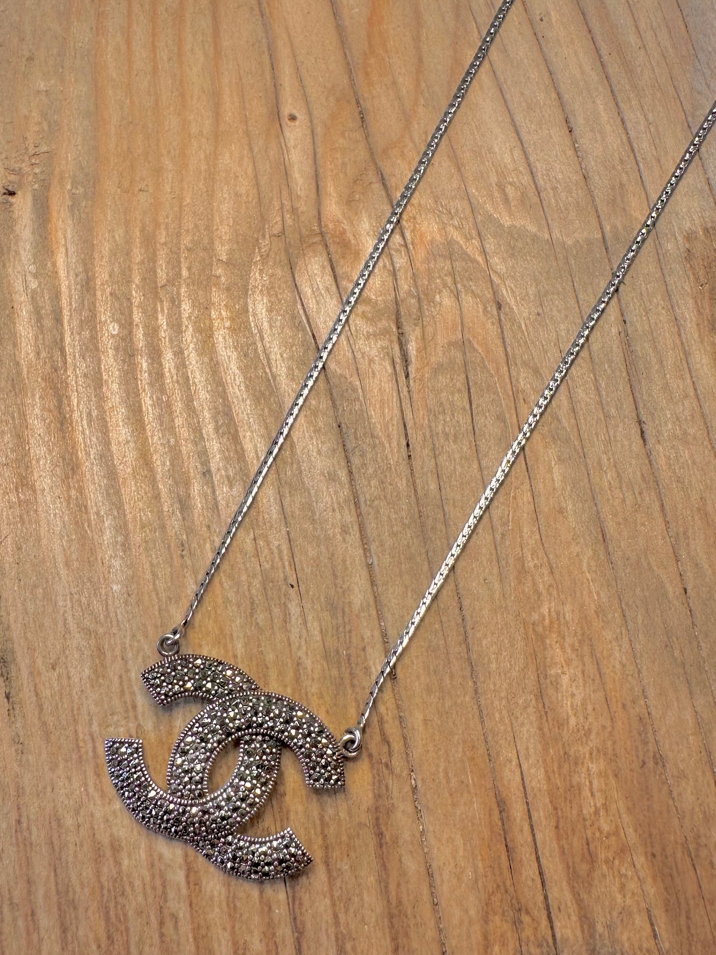 Vintage Channel Style Marcasite Flat Chain 925 Sterling Silver 18.5 to 19.4 inch Necklace