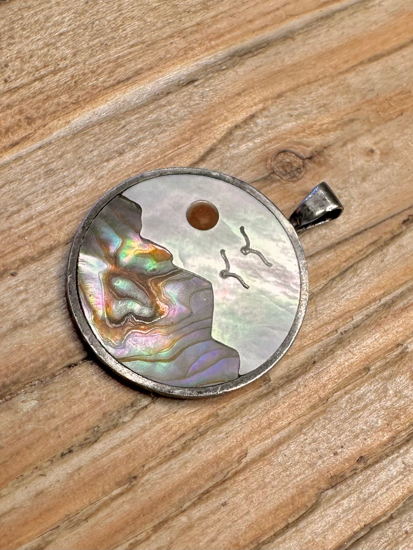 Vintage Mother of Pearl and Abalone Inlay 925 Sterling Silver Pendant
