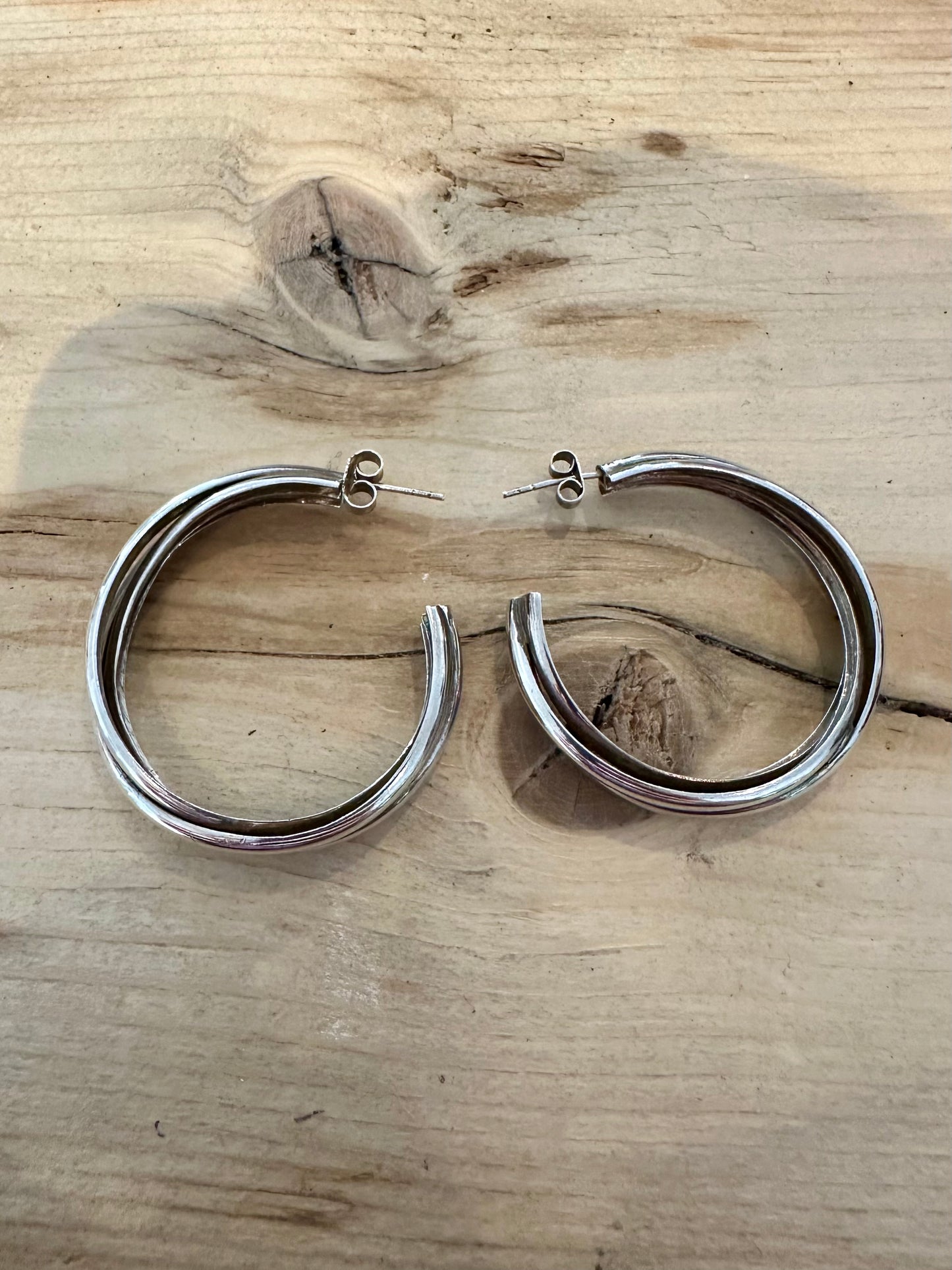 Vintage Large Twisted Half Hoops 925 Silver Earrings