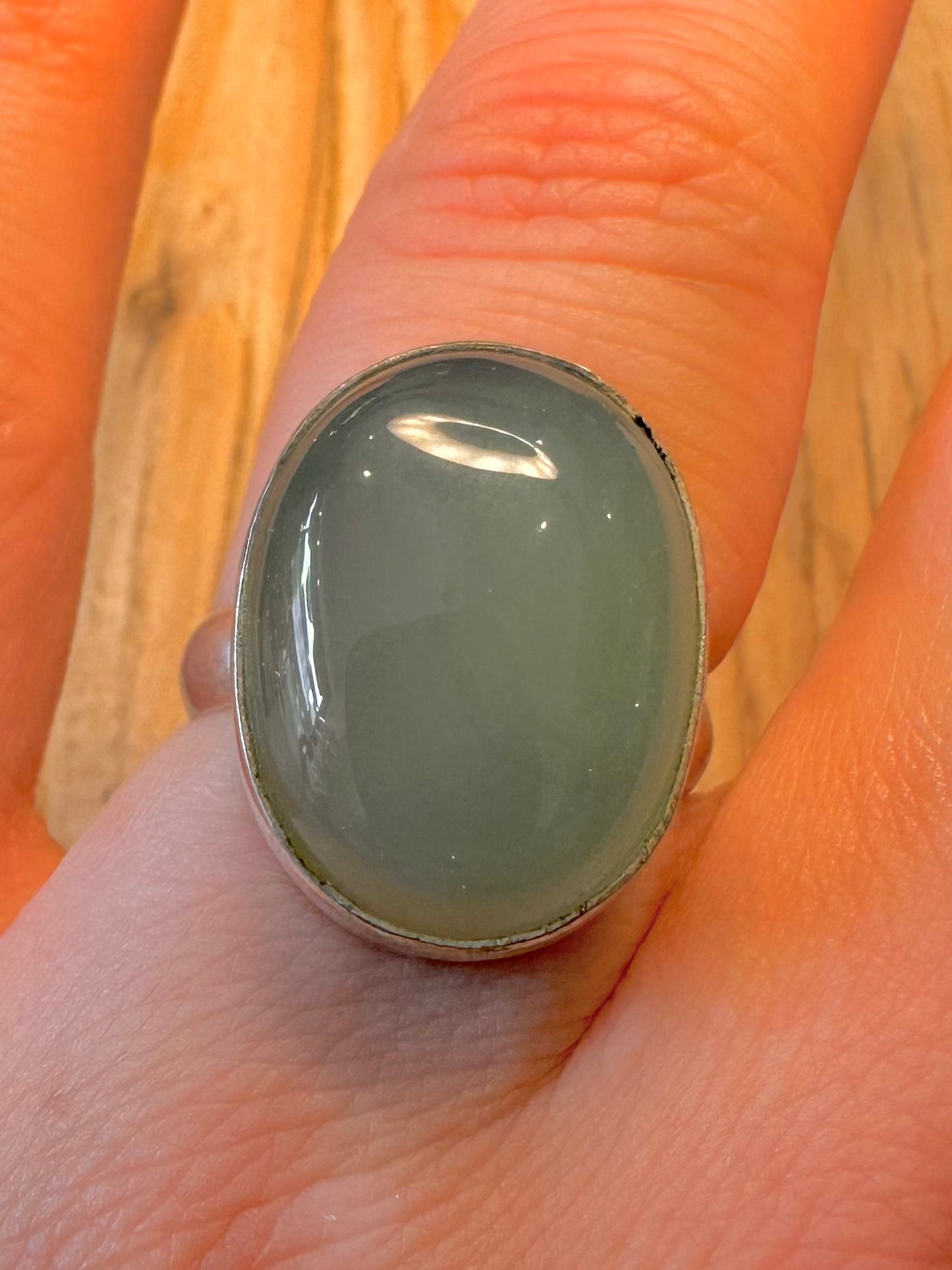 Vintage Prehnite Oval 925 Sterling Silver Size Q Ring