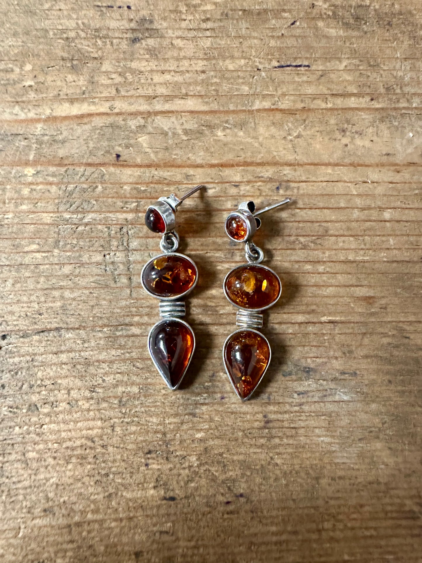 Vintage Amber Dangle 925 Silver Earrings