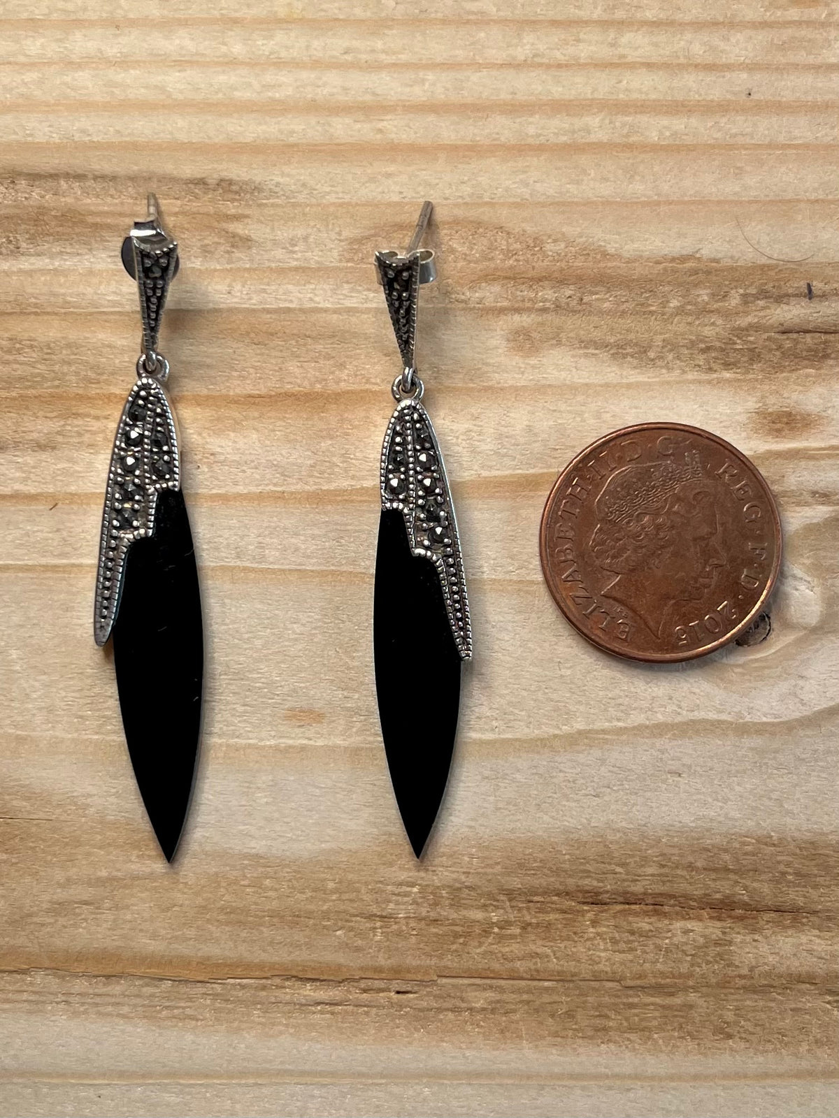 Elongated Black Onyx and Marcasite 925 Sterling Silver Drop Earrings