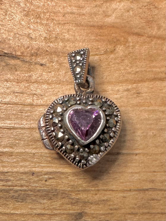 Vintage Amethyst and Marcasite Heart 925 Silver Locket Pendant