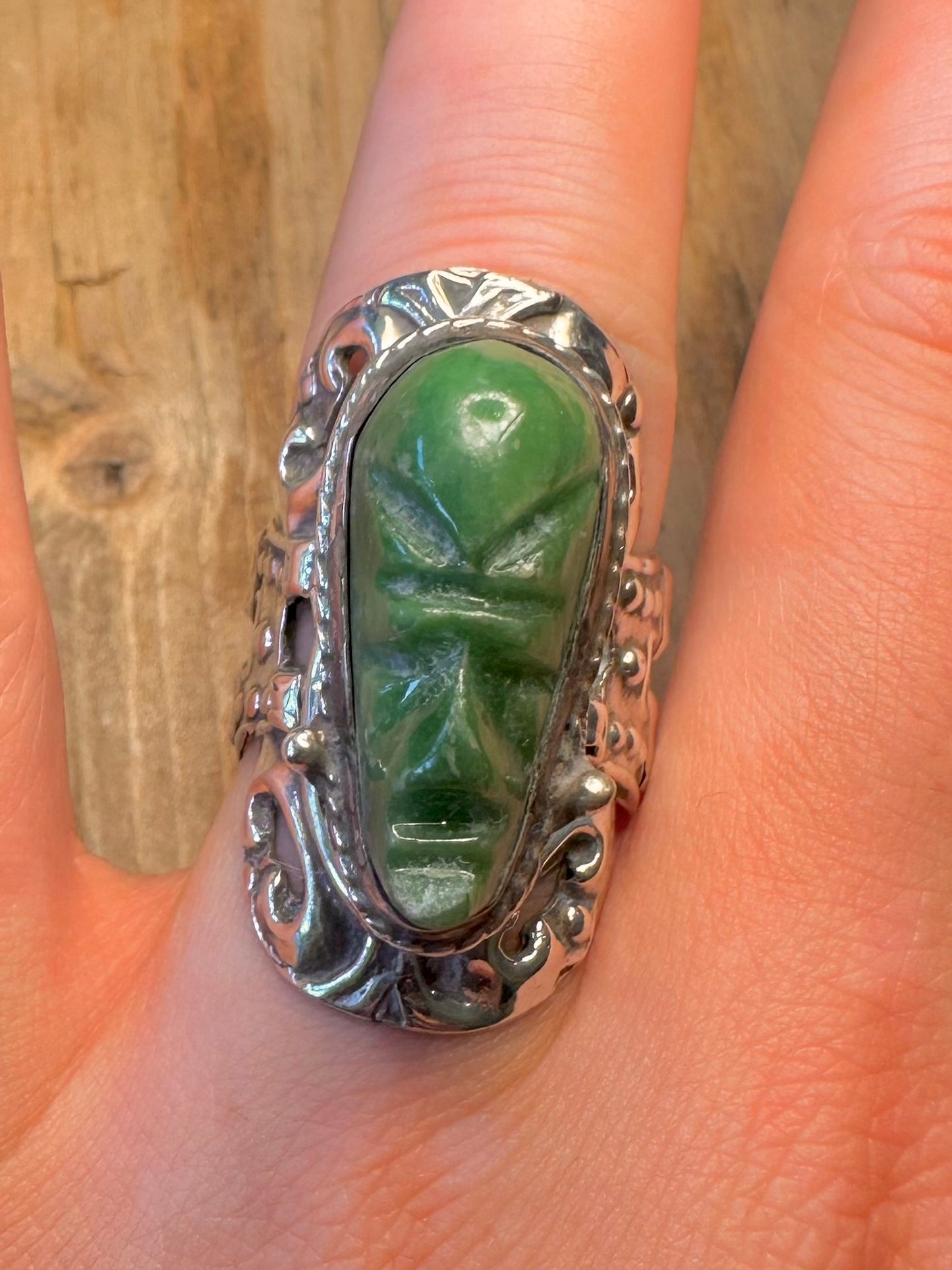 Aztec Green Onyx Poison Ring Orange Mexico 925 Sterling Silver Size R Adjustable Ring