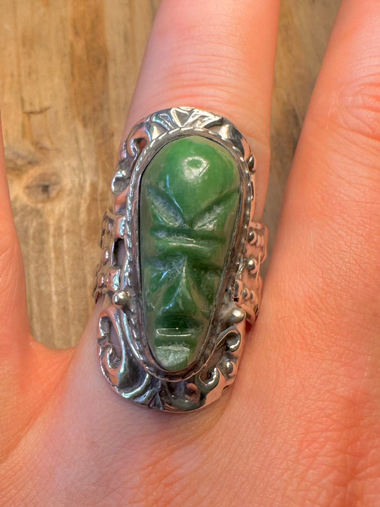 Aztec Green Onyx Poison Ring Orange Mexico 925 Sterling Silver Size R Adjustable Ring
