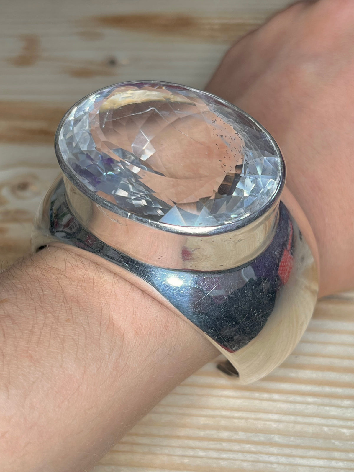 Large Oval Clear Quartz 925 Sterling Silver Bangle Bracelet