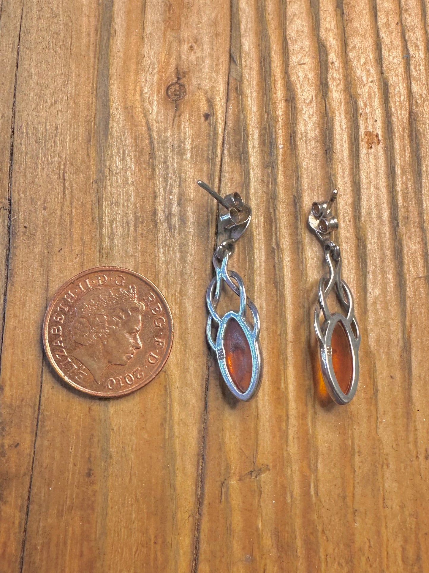 Amber Celtic Dangle 925 Sterling Silver Earrings