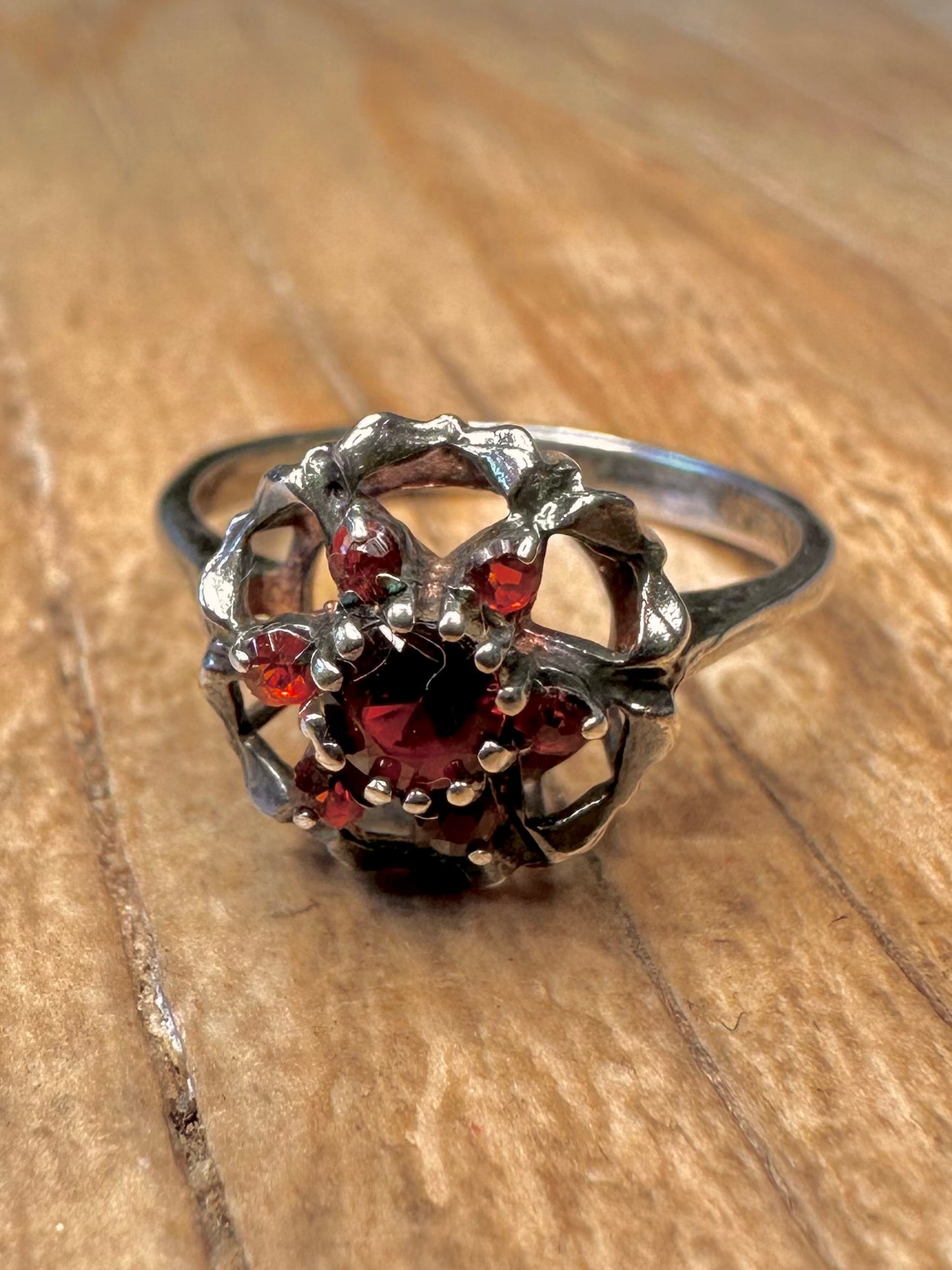 Vintage Garnet Cluster 925 Sterling Silver Size K1/2 Ring