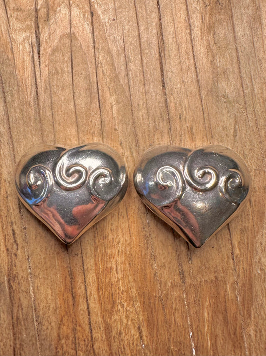 Vintage Chunky Heart Swirls 925 Sterling Silver Clip On Earrings
