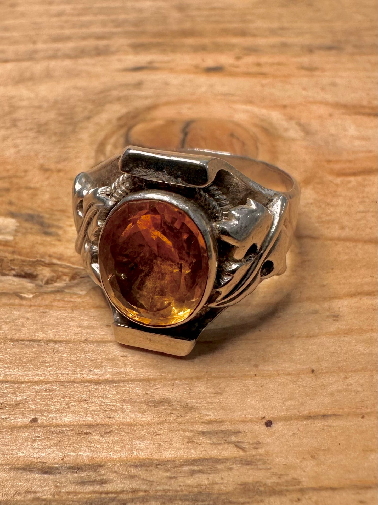 Vintage Citrine Boho Shield 925 Silver Size T Ring