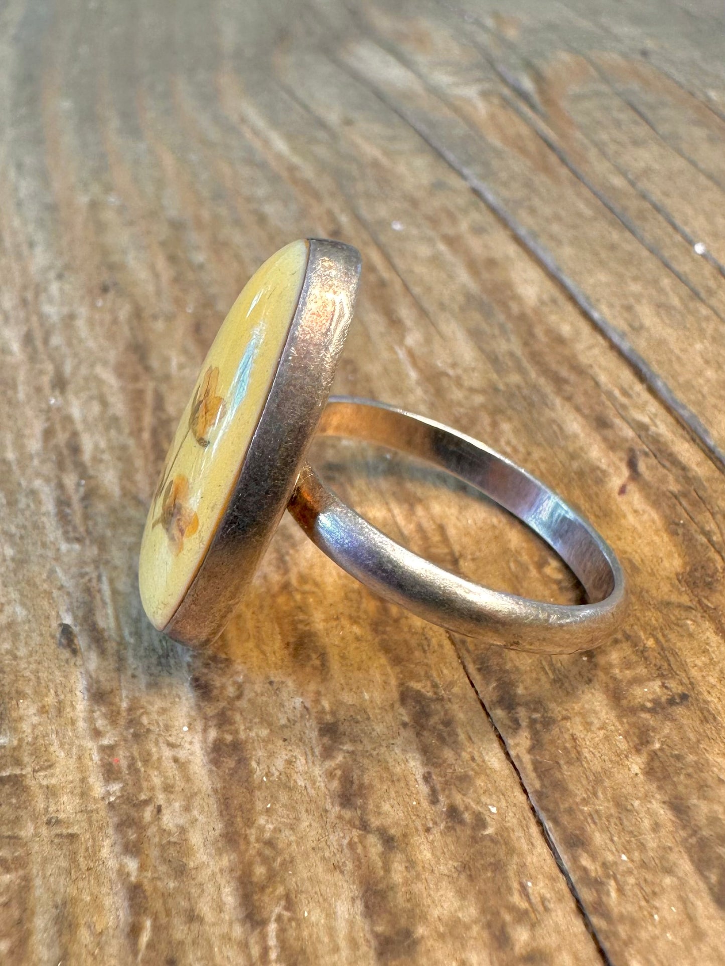 Yellow Oval Flower Painted Silver Size Q1/2 Ring