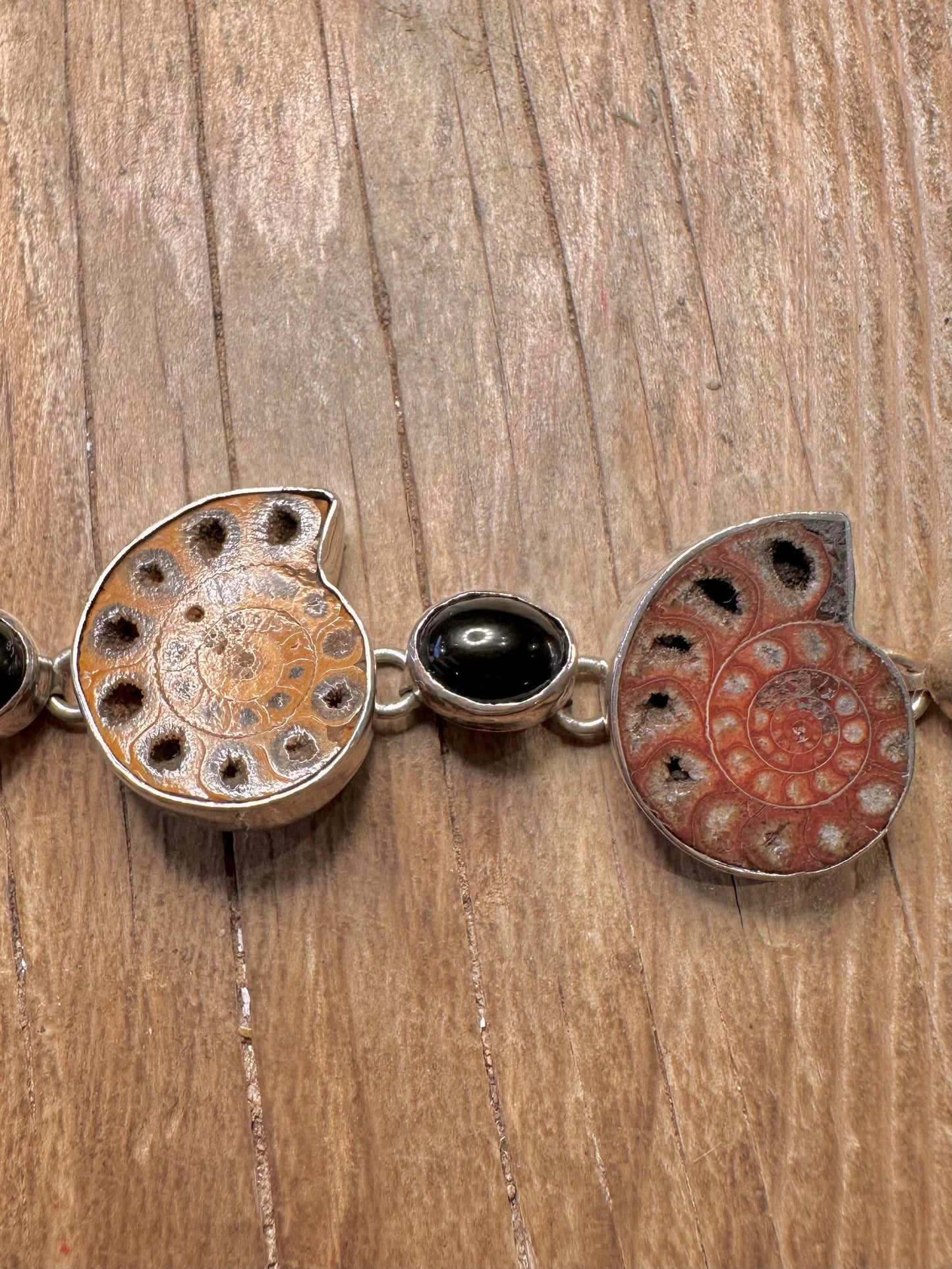Vintage Ammonite and Onyx T Bar 925 Sterling Silver 7.5 inch Bracelet