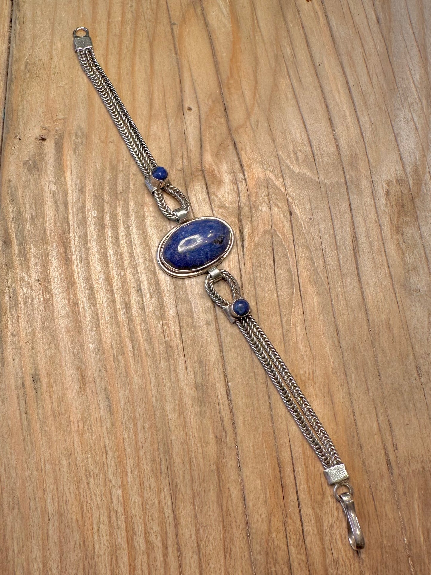Vintage Lapis Woven Double 925 Sterling Silver 7.2 inch Bracelet