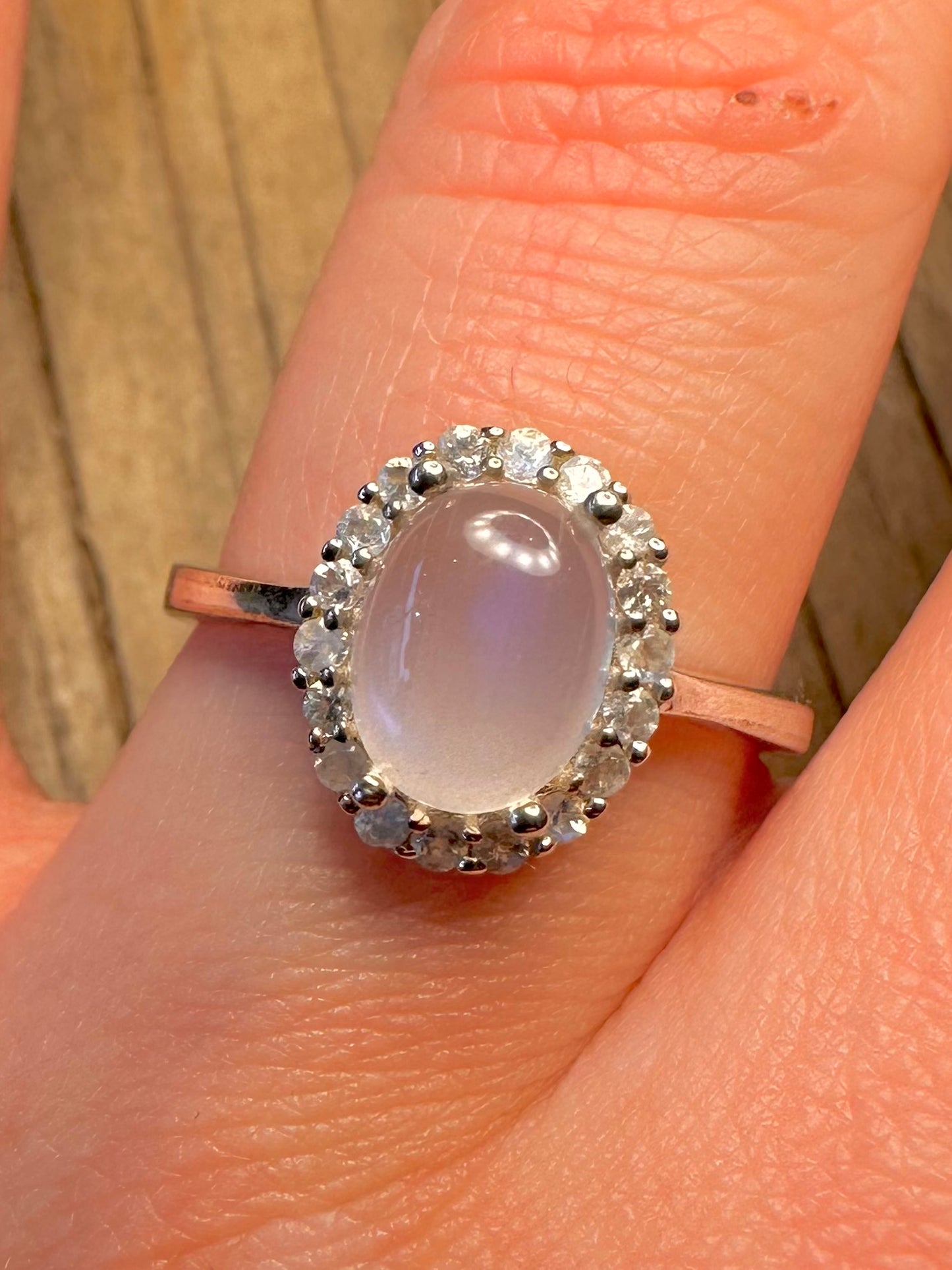 Vintage Moonstone and White CZ 925 Sterling Silver Size S Ring