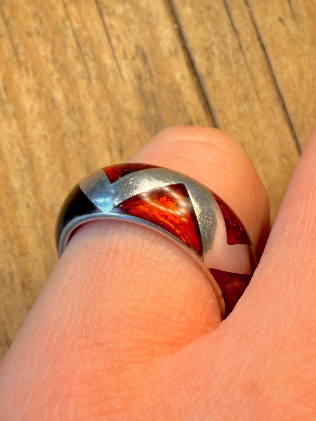 Amber Rounded Inlay Band 925 Sterling Silver Size P Ring