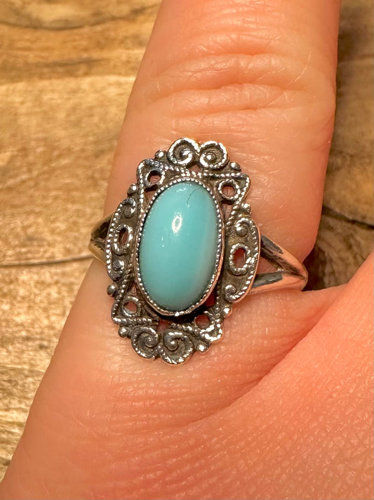 Vintage Ornate Blue Stone 925 Silver Size L Ring