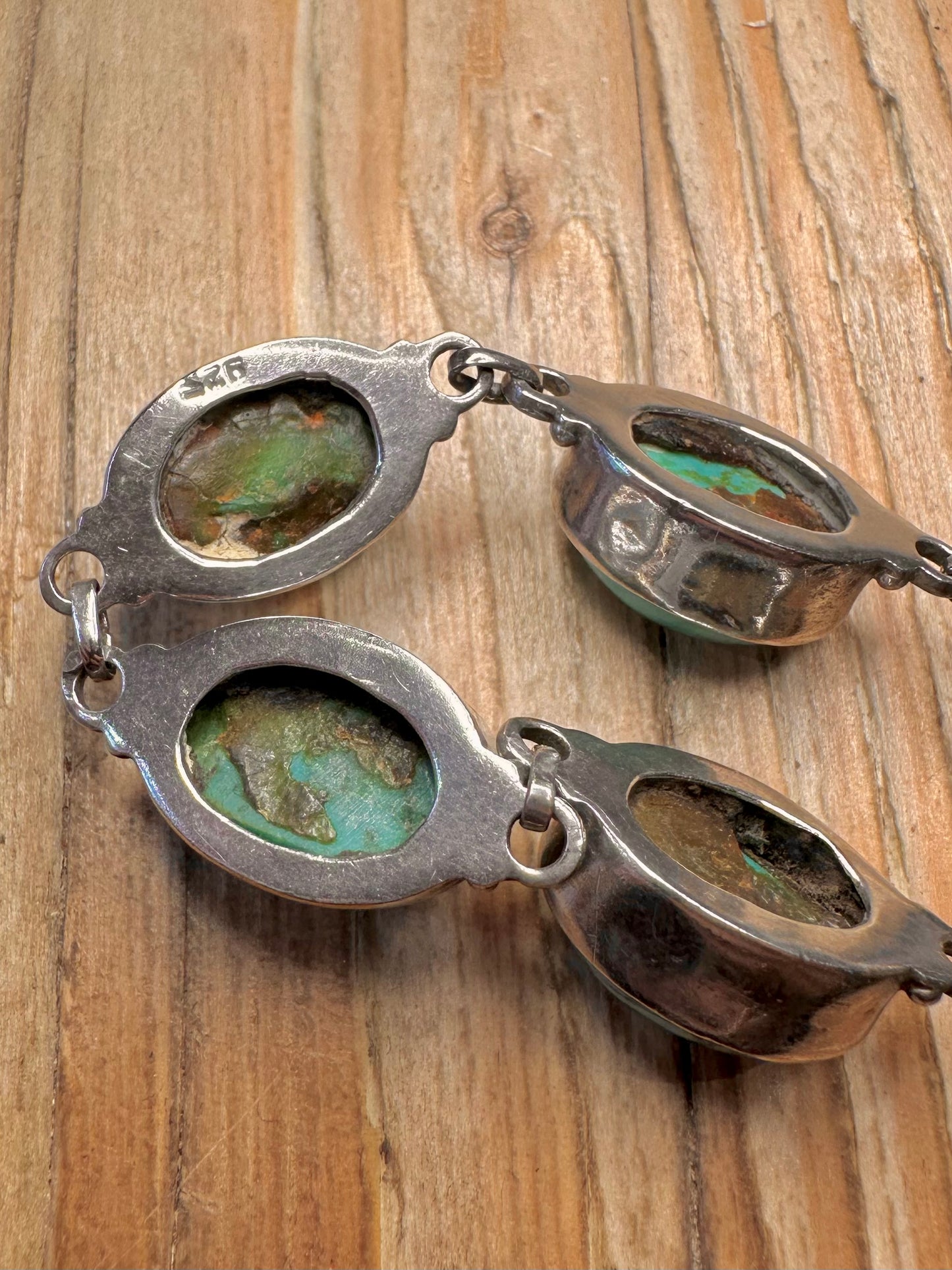 Vintage Turquoise Oval Link 925 Sterling Silver 8.5 Inch Bracelet