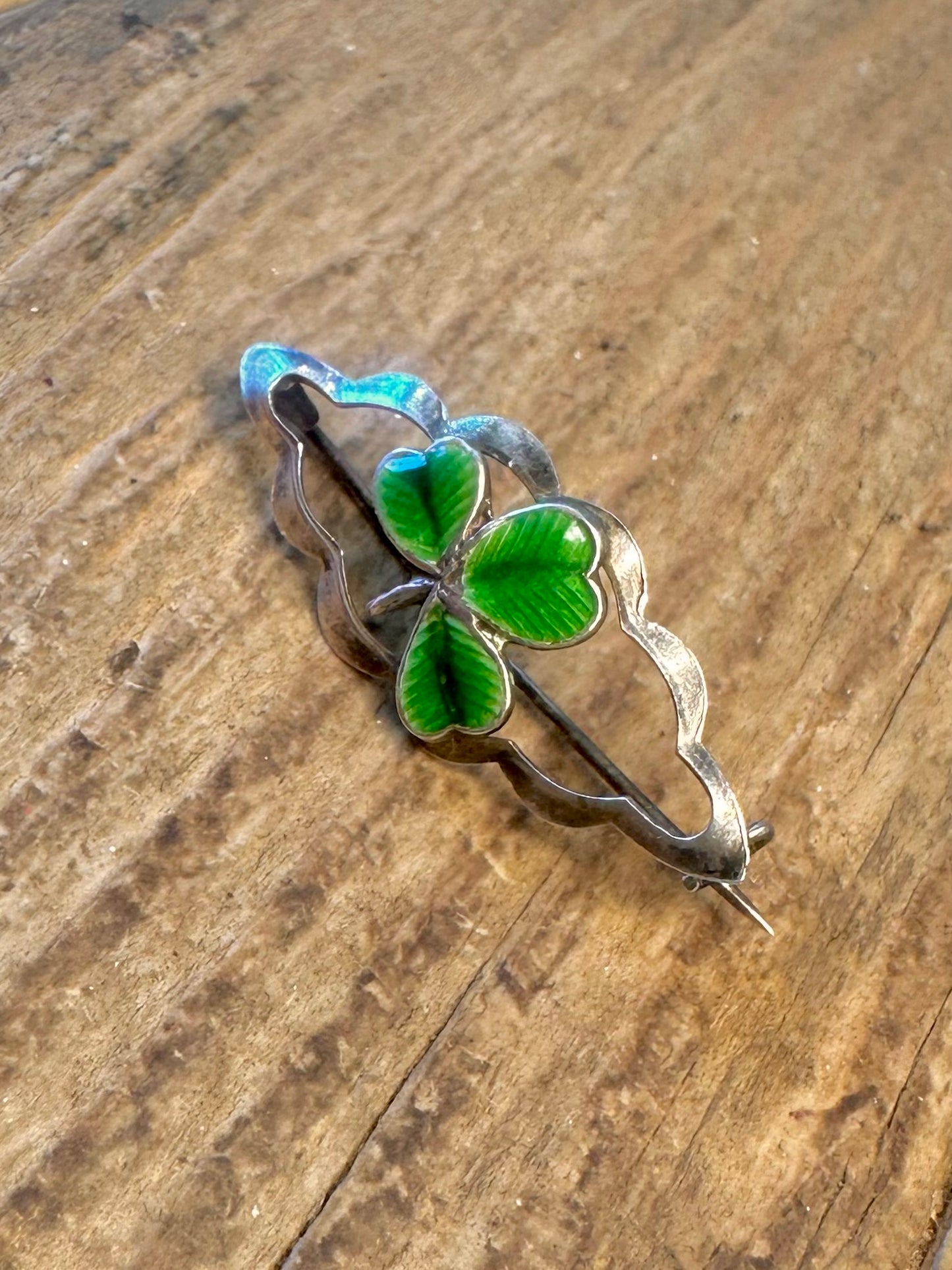 Enamel Green Three Leaf Clover 925 Sterling Silver Brooch