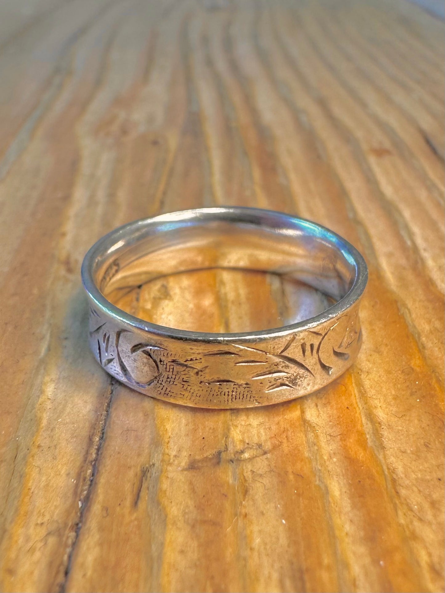 Engraved Pattern Curved Band 925 Sterling Silver Size P Ring