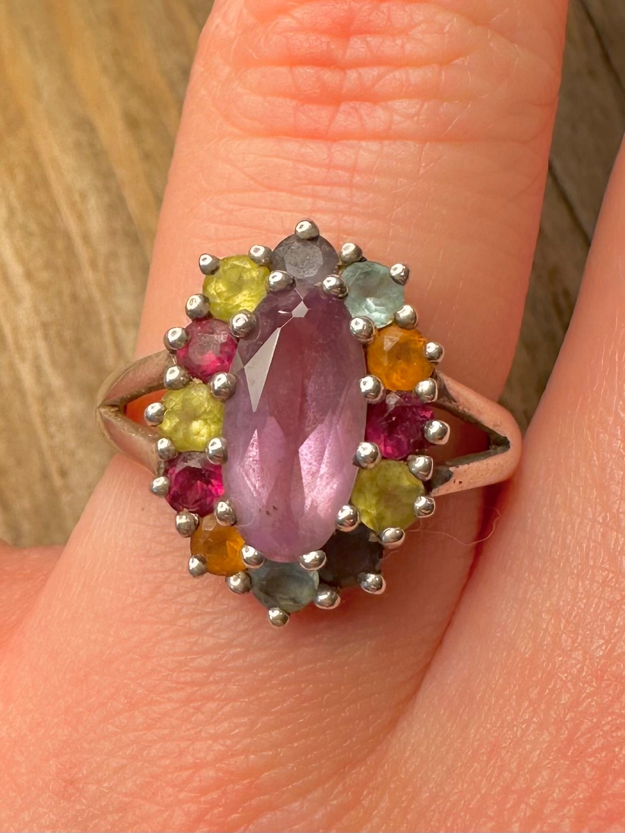 Vintage Multi Gemstone Cluster 925 Sterling Silver Size S Ring