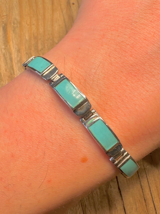 Vintage Turquoise Rectangle Links 925 Sterling Silver 7 inch Bracelet