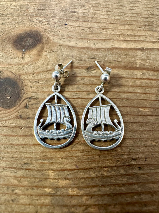 Vintage Viking Ship 925 Silver Earrings