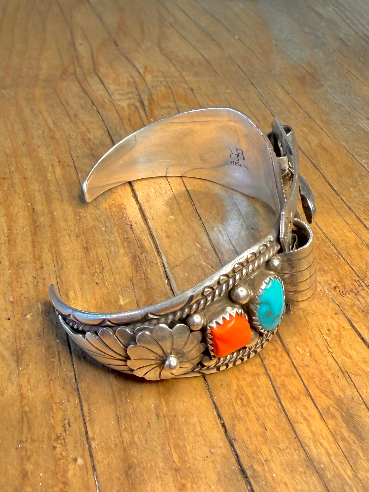 Native American Navajo Turquoise and Coral Watch Cuff Buckle Maker RB 925 Sterling Silver Bangle
