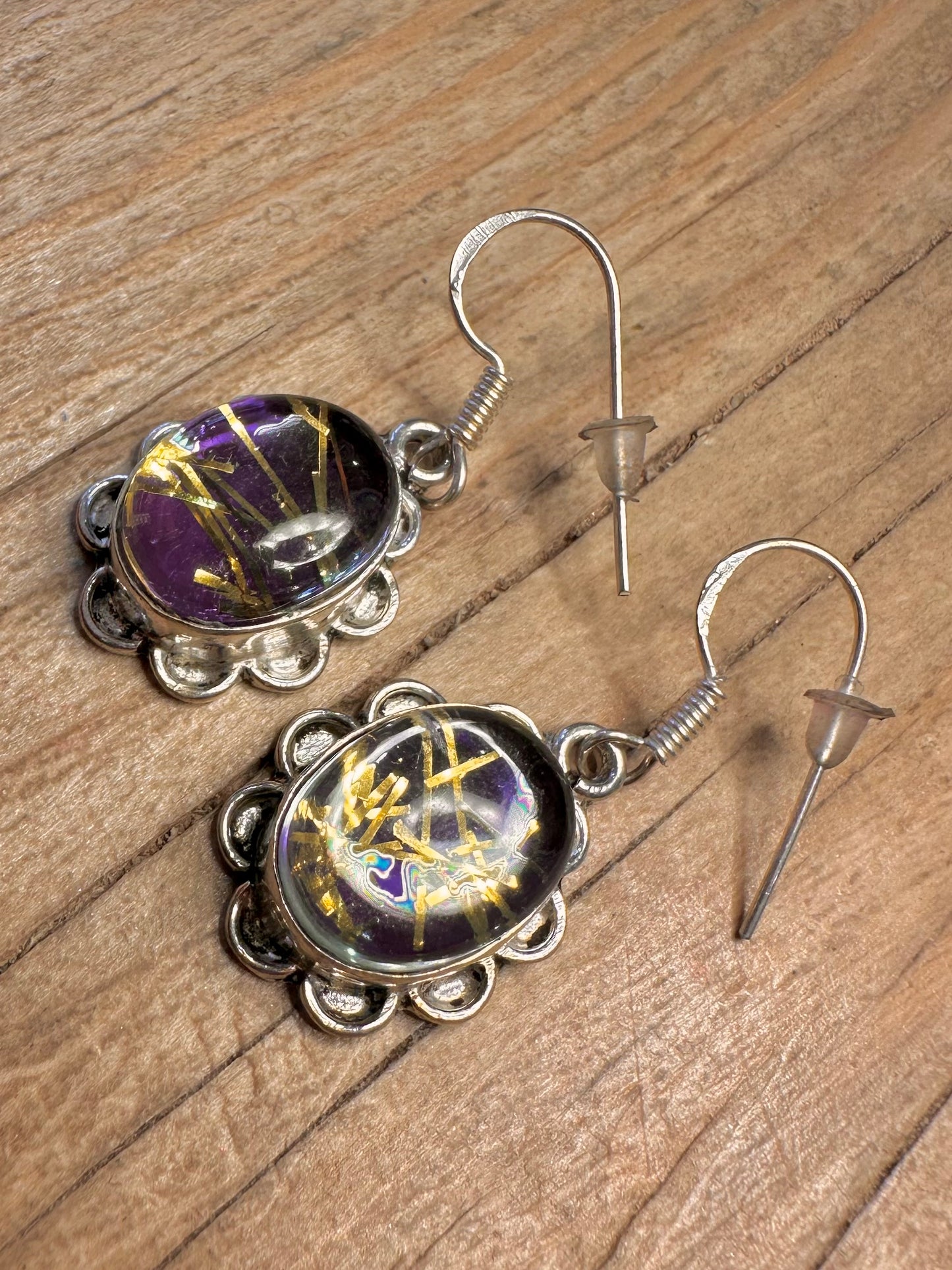 Vintage Purple and Gold Oval 925 Sterling Silver Earrings