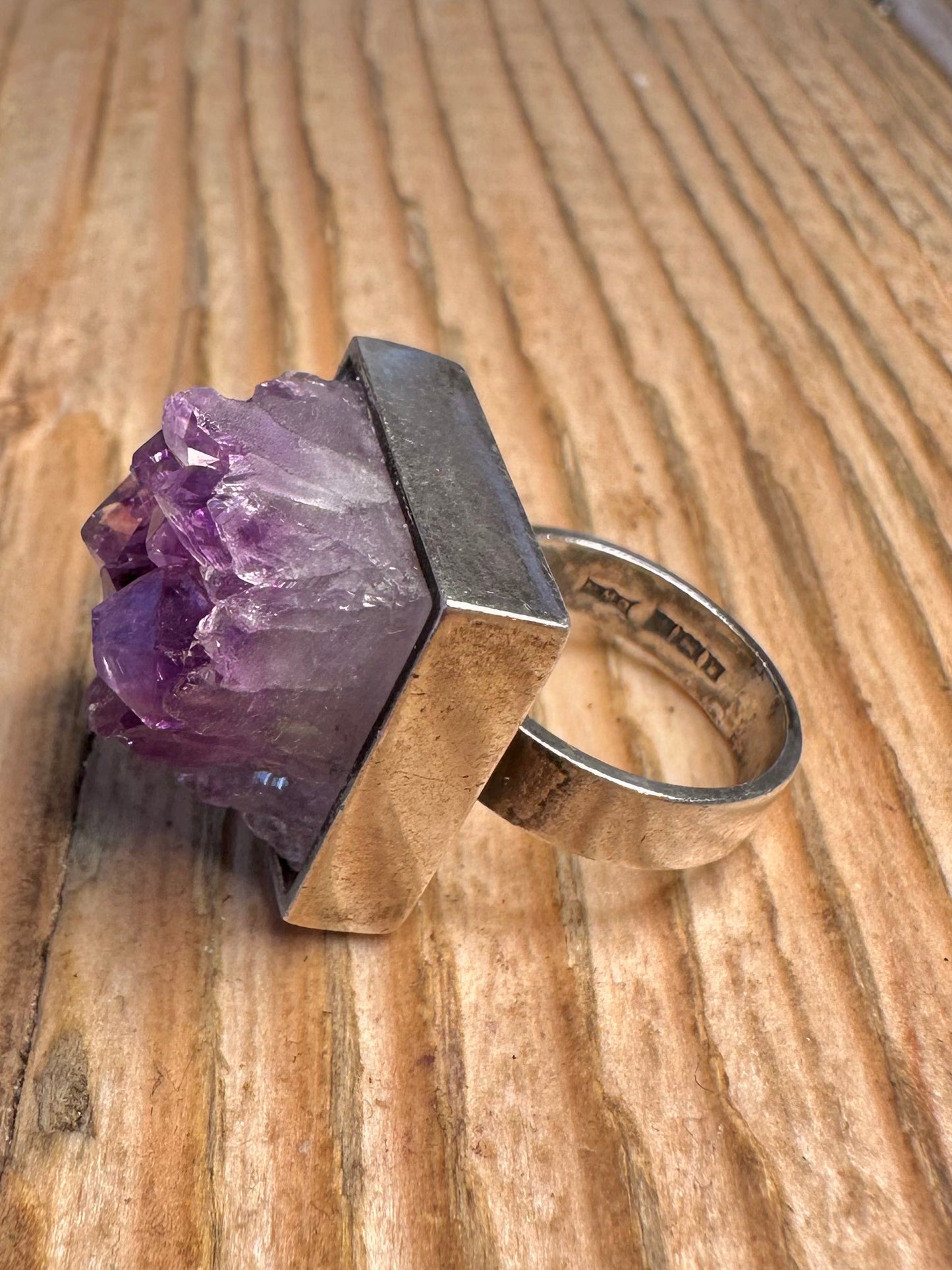 Rohametyst 1971 Quadrat 925 Sterling Silber Ring Größe G