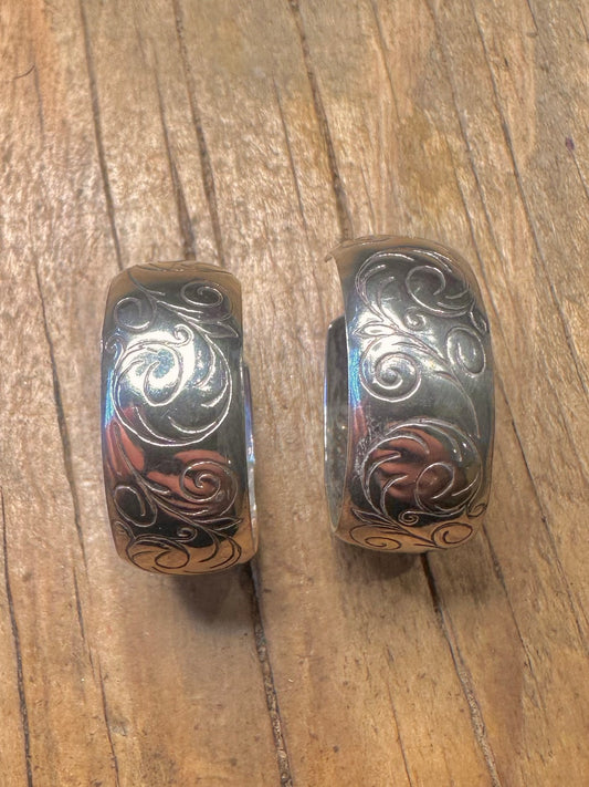 Vintage Chunky Engraved Half Hoops 925 Sterling Silver Earrings