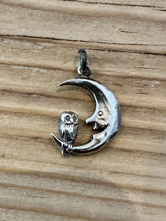 Vintage Moon and Owl 925 Silver Pendant