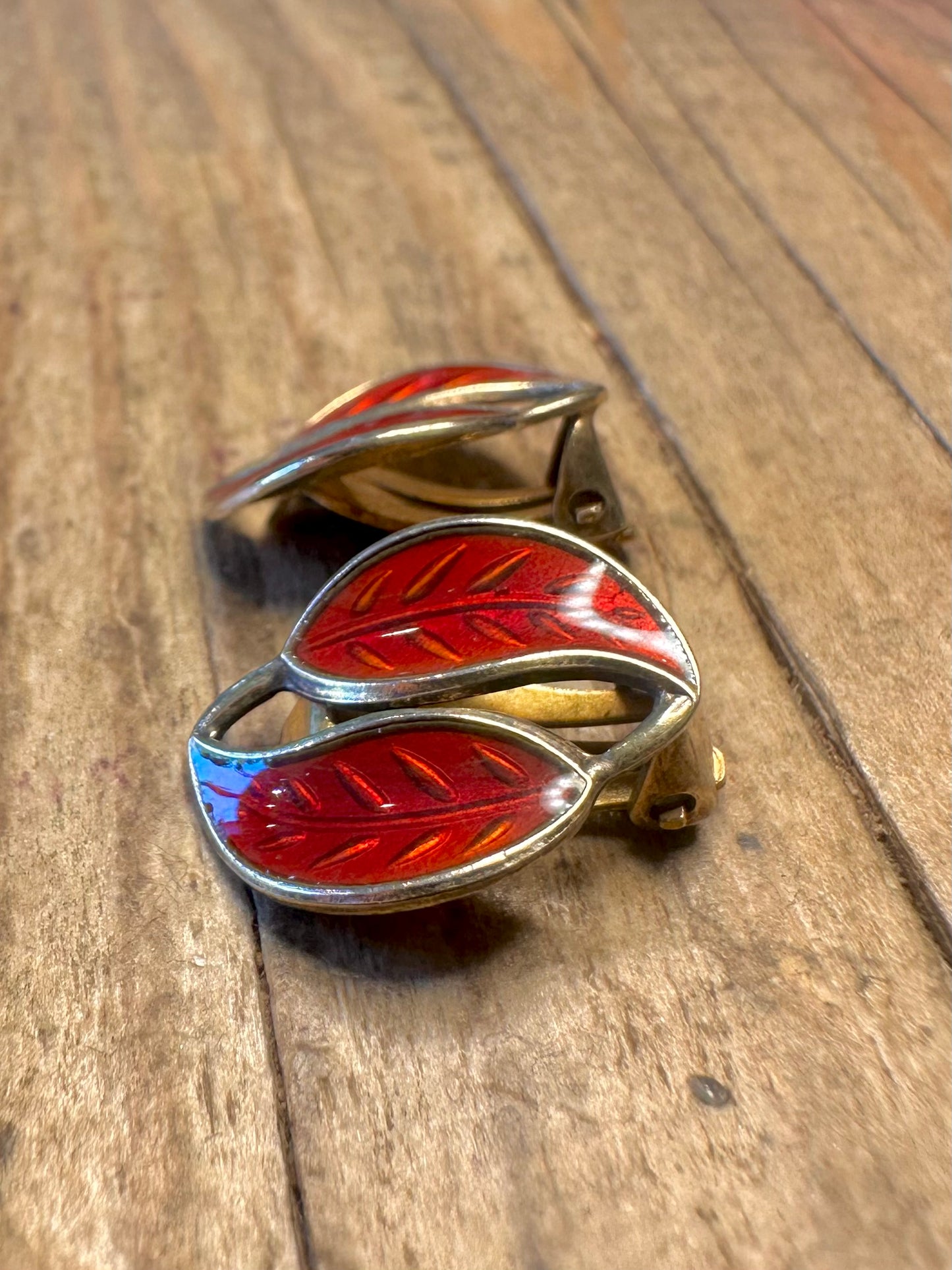 David Anderson Norwegian Red Guilloche Enamel Clip On 925 Sterling Silver Earrings