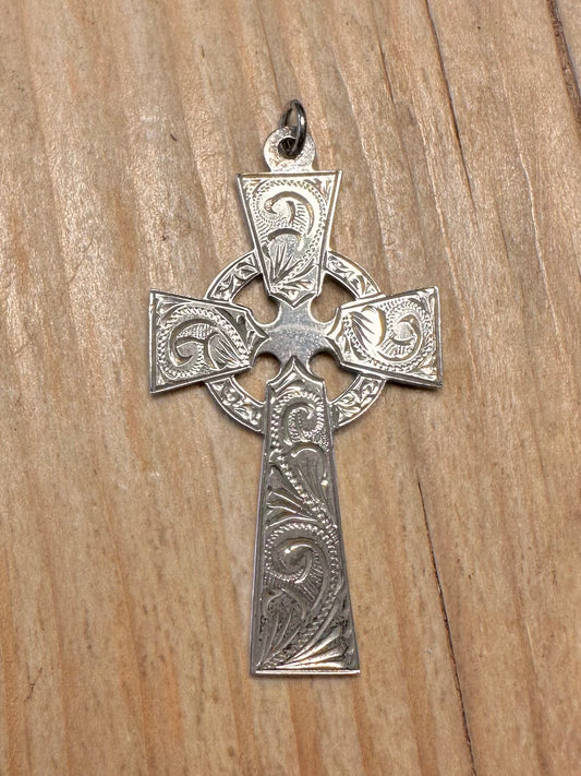 Vintage 1978 Engraved Celtic Cross 925 Sterling Silver Pendant