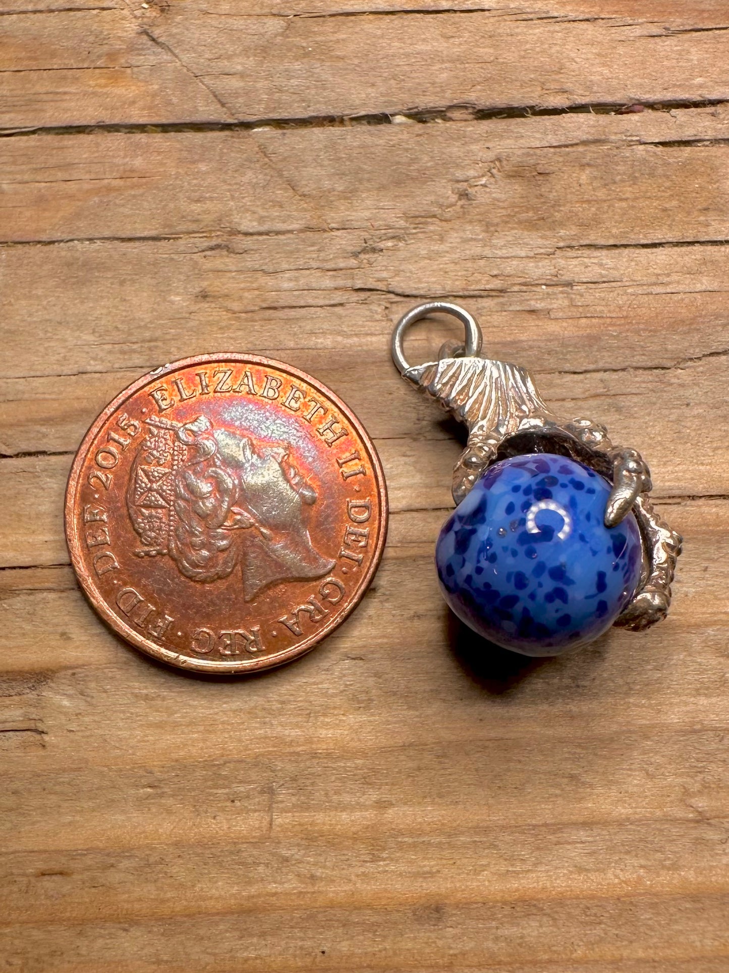 Vintage Claw Textured Blue and White Ball 925 Sterling Silver Charm Pendant