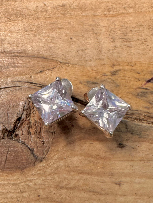 Modern Square White Stone 925 Silver Stud Earrings