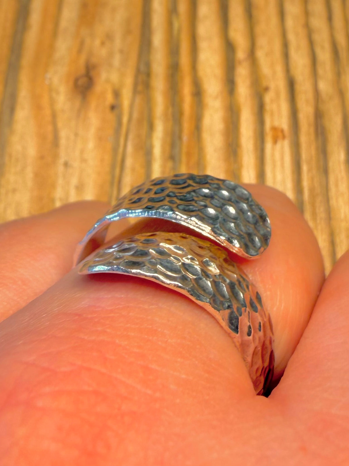 Overlapping Hammered 925 Sterling Silver Size R1/2 Adjustable Ring
