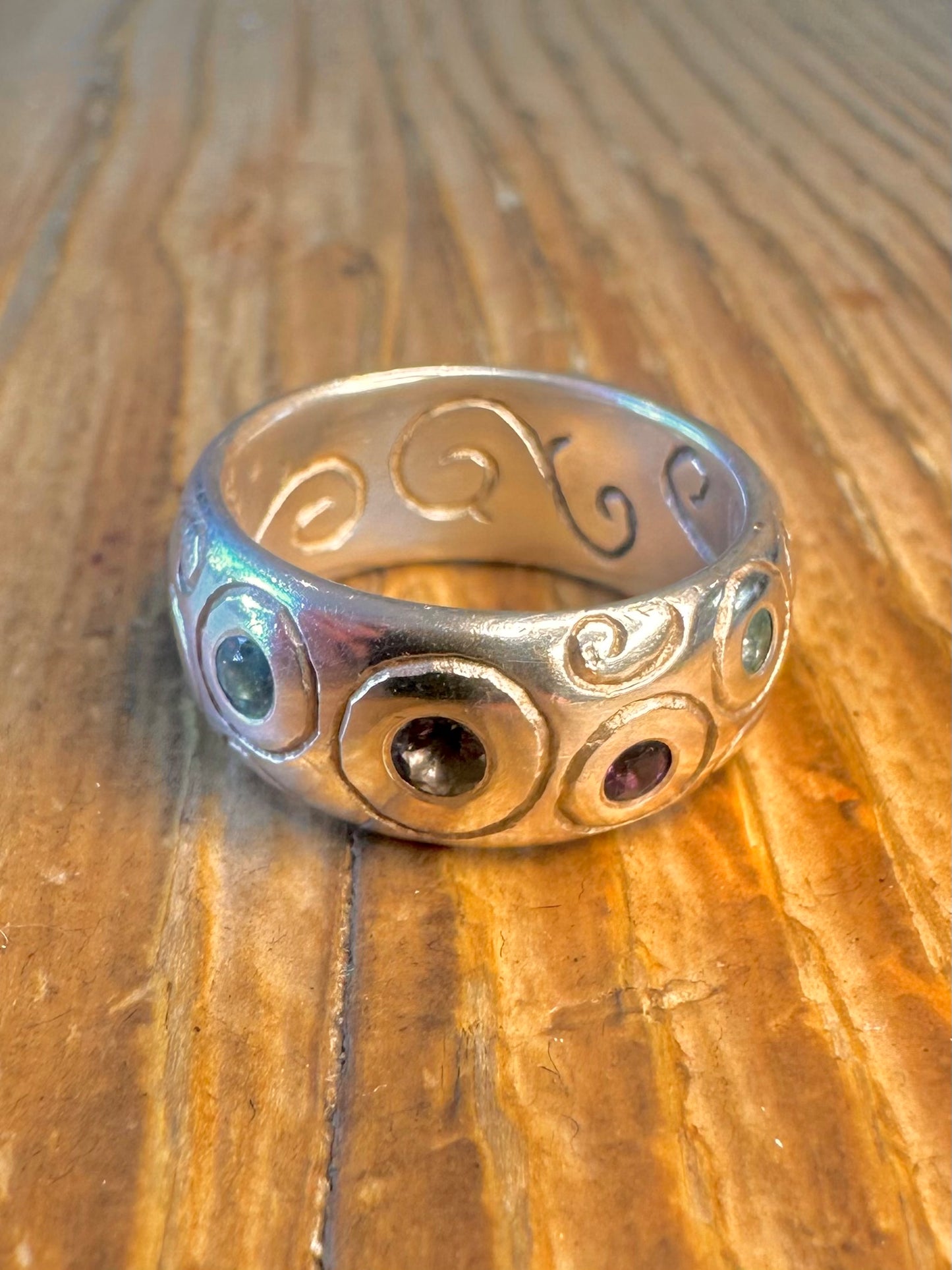 Dower and Hall 2007 Multi Gemstone Swirl Design Band 925 Sterling Silver Size