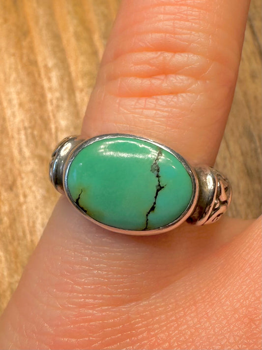 Vintage Turquoise Engraved 925 Sterling Silver Size O Ring
