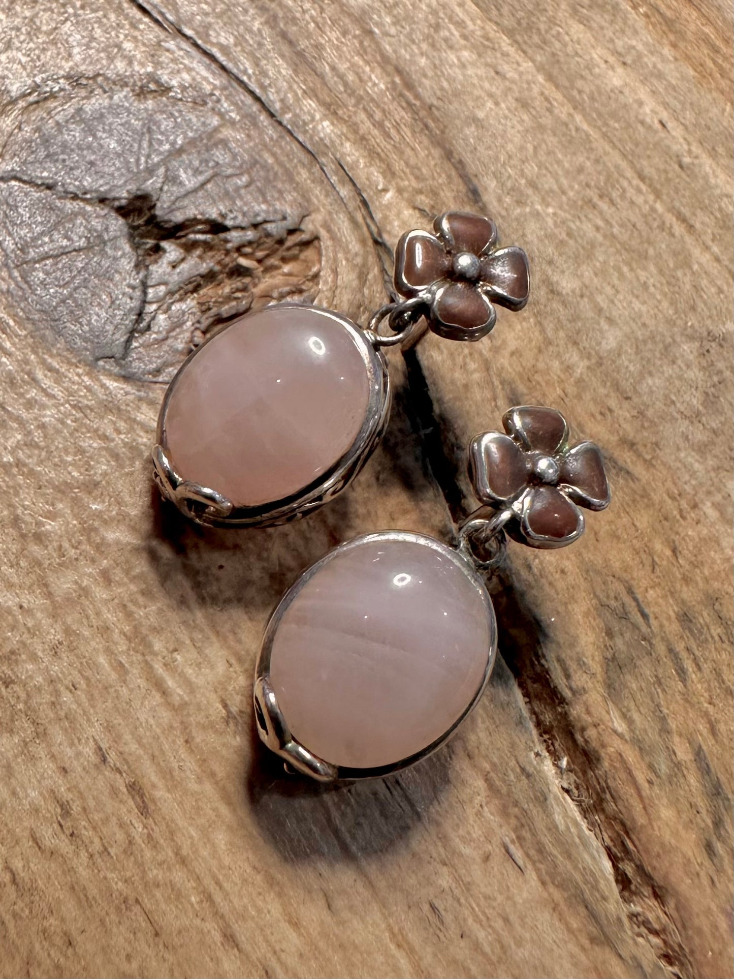 Vintage Rose Quarts Flower 925 Silver Earrings