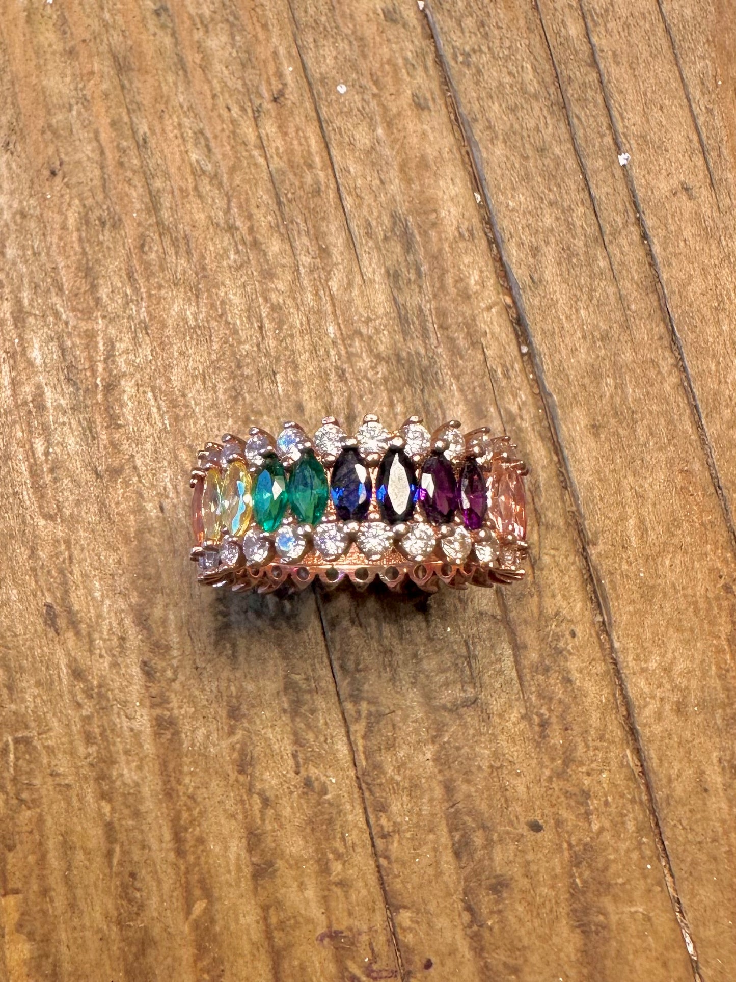 Rose Gold Multi Coloured CZ Band 925 Sterling Silver Size N1/2 Ring