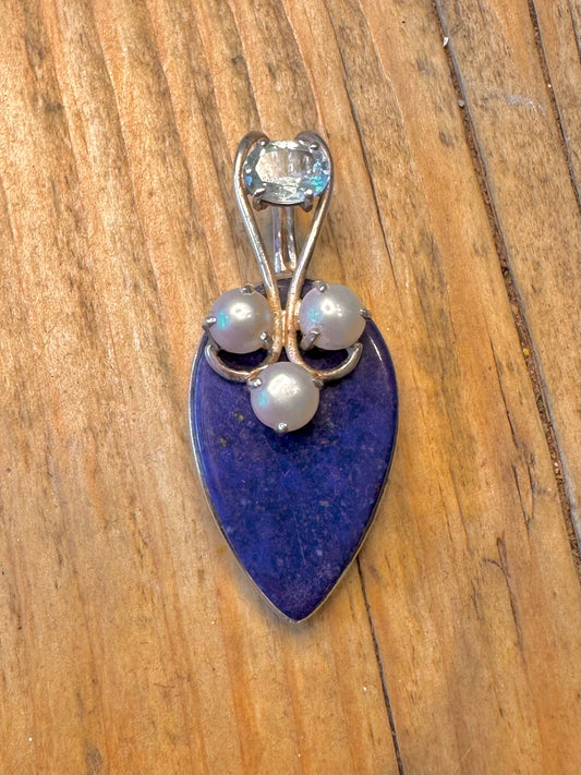 Lapis Pearl and Blue Topaz 925 Sterling Silver Pendant