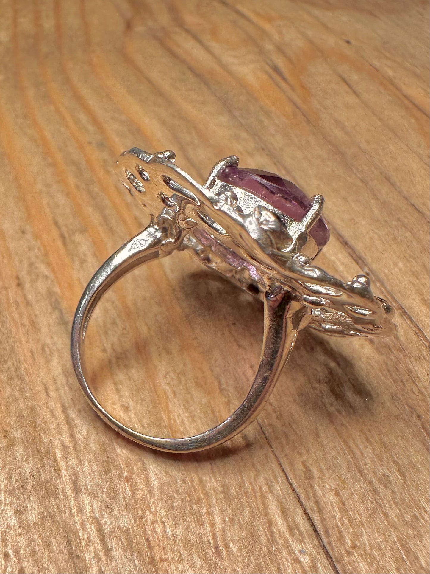 Modernist Abstract Purple Amethyst and Dark Blue Stone 925 Sterling Silver Size O Ring