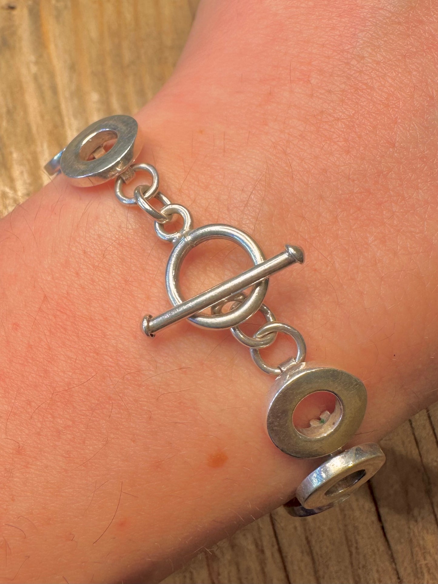 Abstract Heavy Circle Link T Bar 925 Sterling Silver 7.4 inch Bracelet