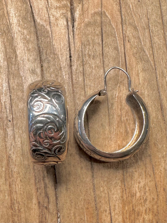 Vintage Chunky Engraved Hoops 925 Sterling Silver Earrings