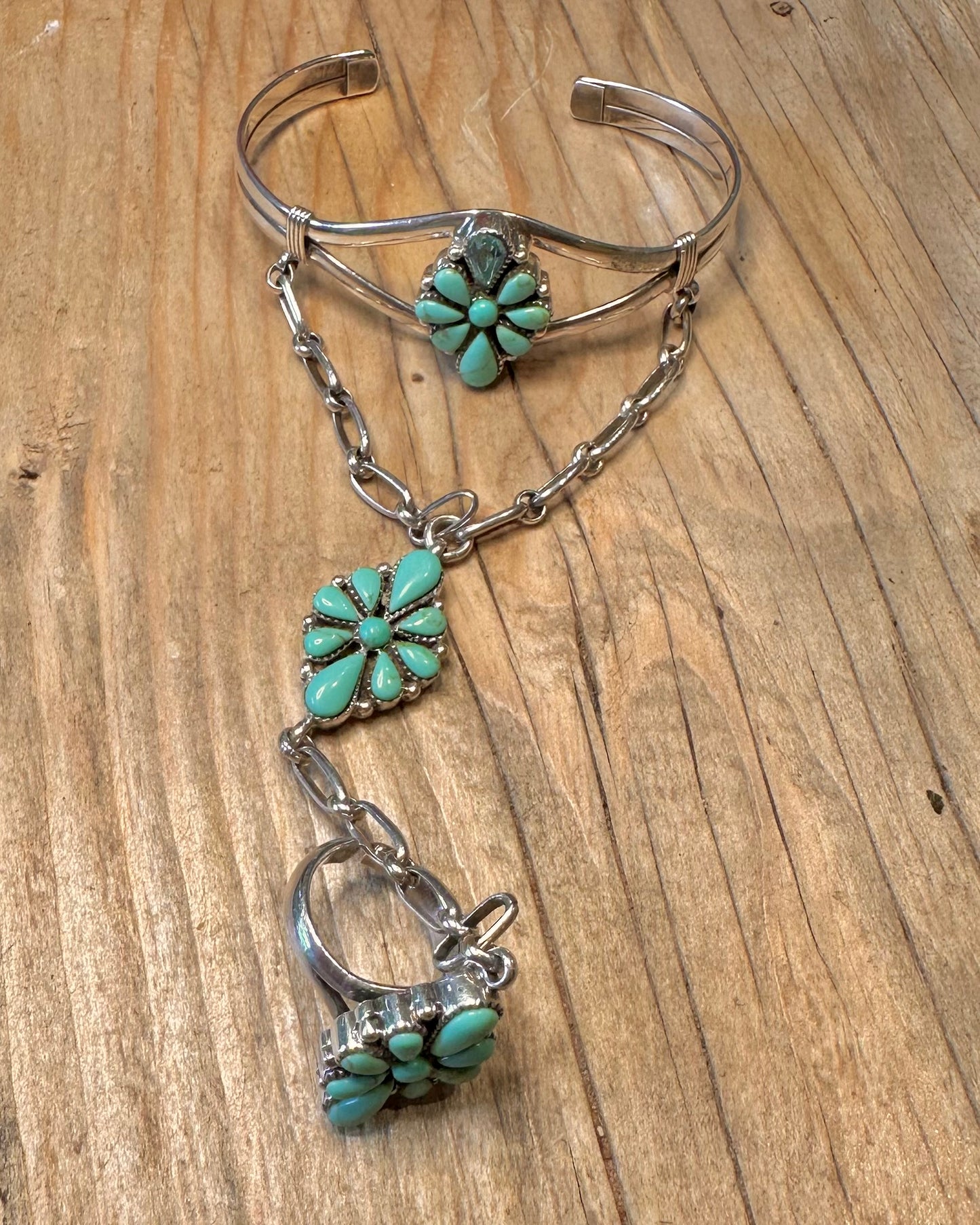 Vintage Native American Turquoise and Blue Topaz 925 Sterling Silver Adjustable Size N1/2 Ring Bracelet Bangle