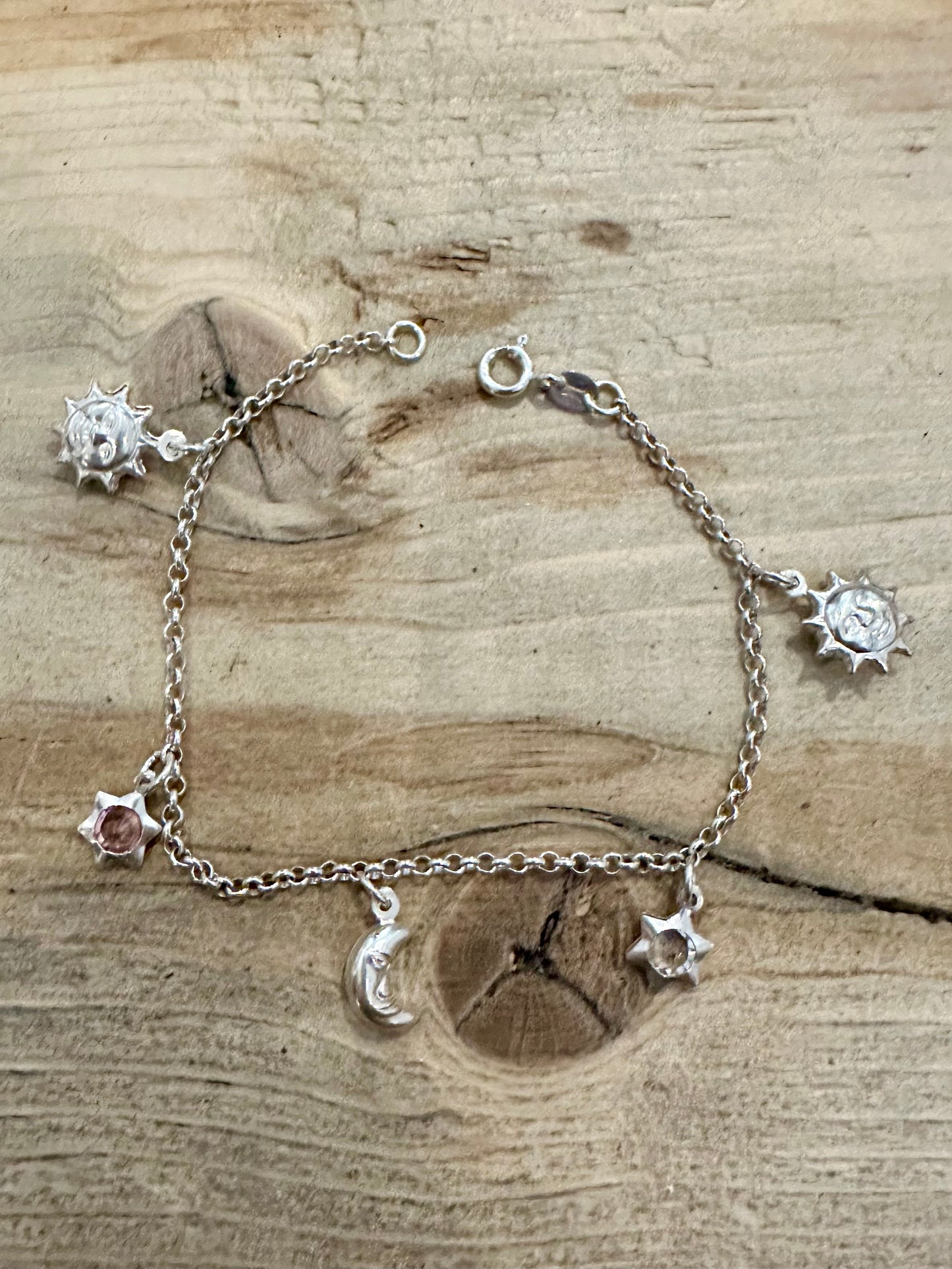 Modern Belcher Sun Moon and Star Charm Italy 925 Silver 7.1 inch Bracelet